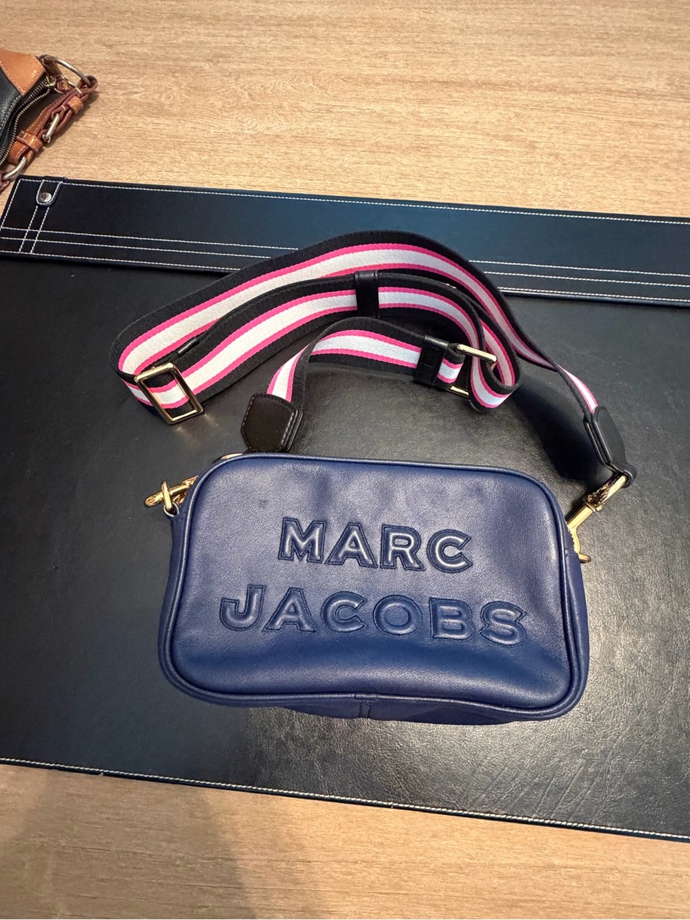 Marc Jacobs Navy Leather Camera Bag with Pink-Striped Webbing Strap